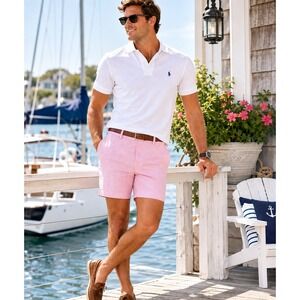 Banana Republic Aiden Club Short Mens 36 Pink Seersucker Striped Cotton Stretch